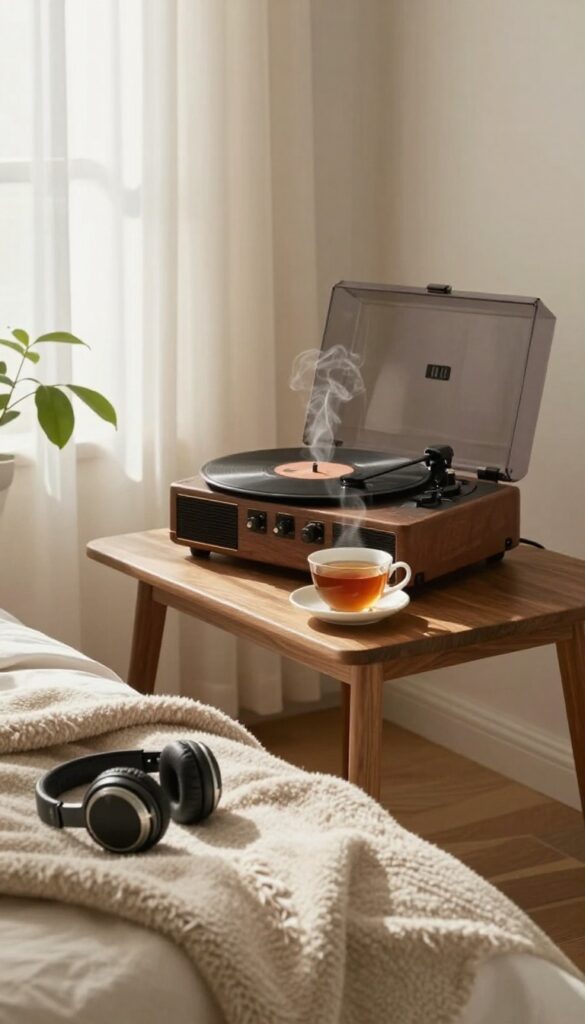 Cozy corner with record player and tea, soft music playlist aesthetic