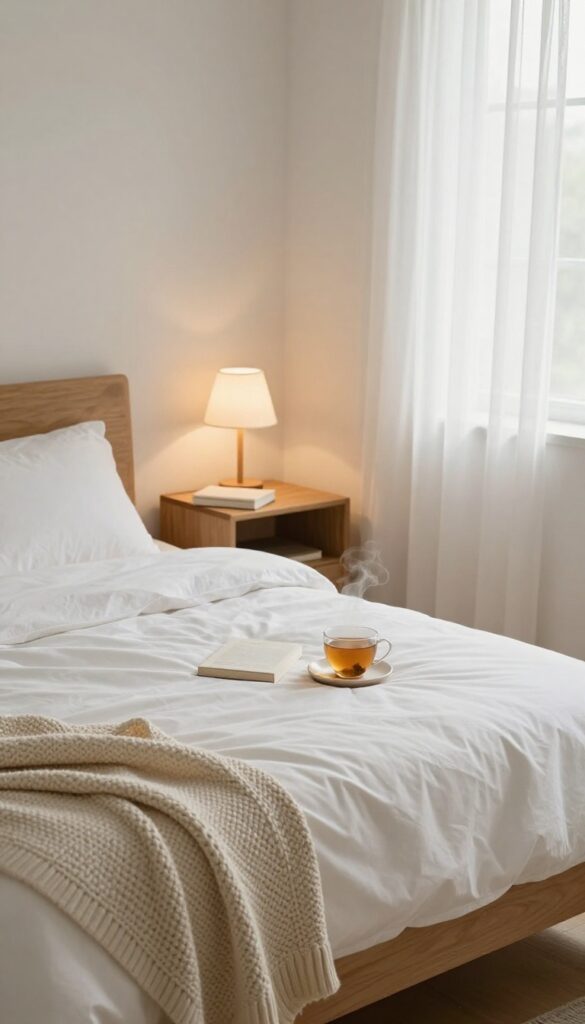 A serene bedroom scene with a bed, book, and tea, evoking a relaxing early bedtime ritual.