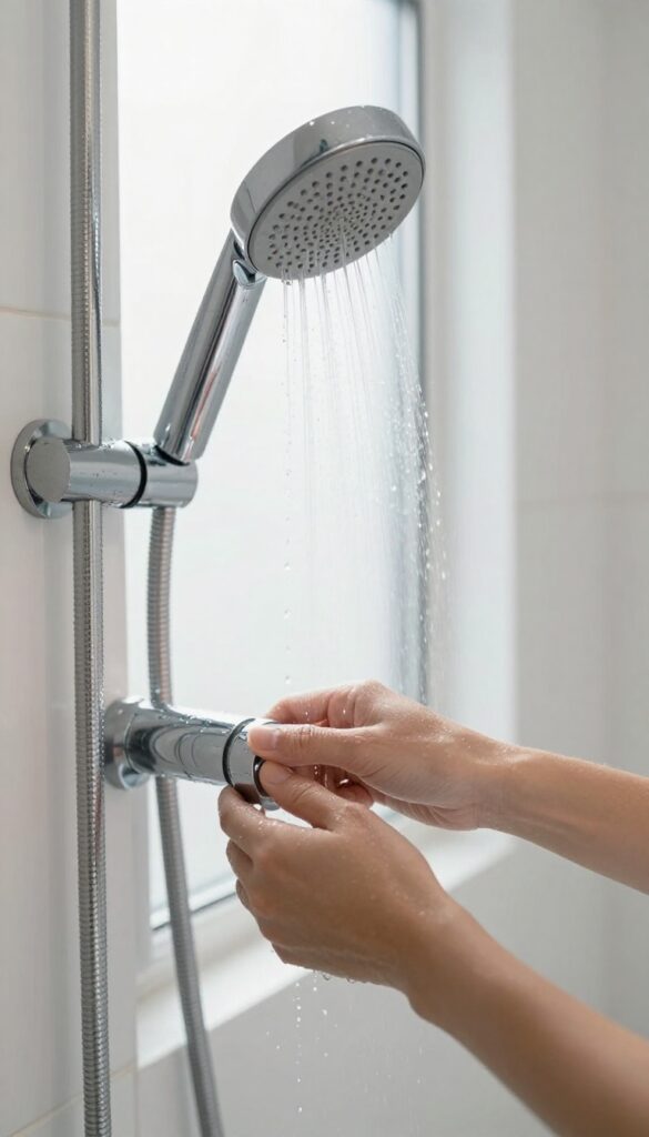 Hand turning shower dial to cold setting with water droplets