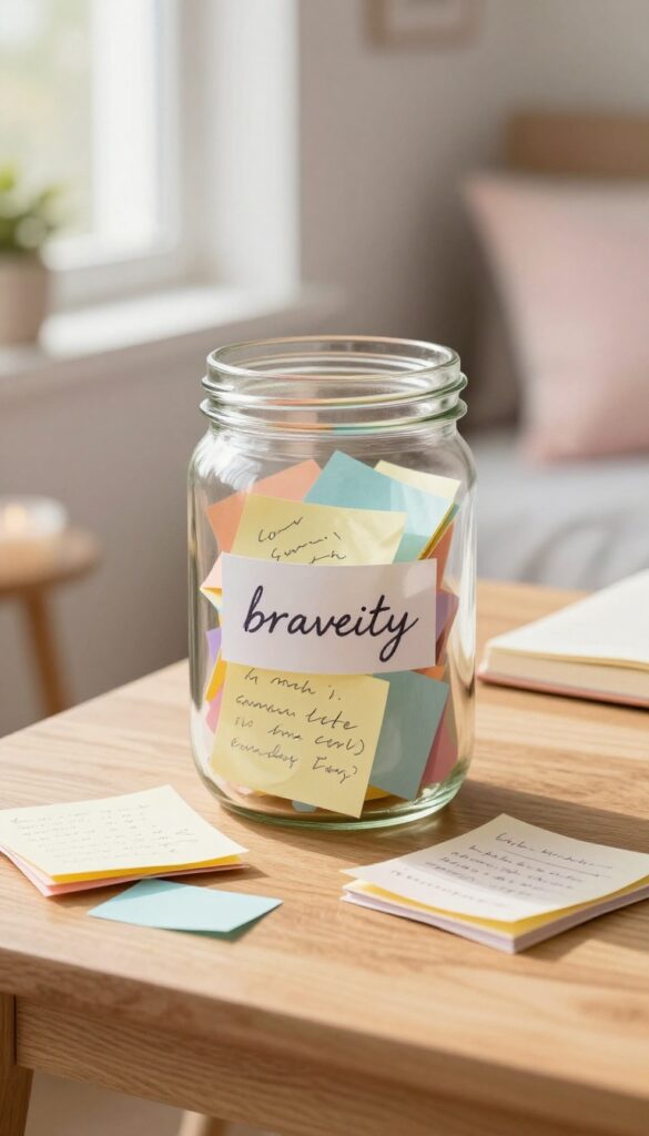 A glass bravery jar filled with handwritten notes on a desk by a sunny window, with a cozy bedroom background