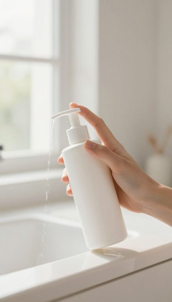 A woman's hand holding a pH-balanced intimate wash bottle in a bright, clean bathroom with soft natural light and a rainfall showerhead in the background.