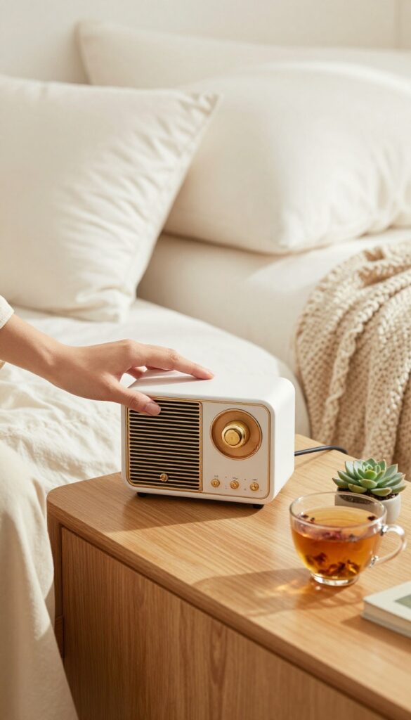Cozy bedroom corner with a sound machine on a nightstand, tea, and soft bedding