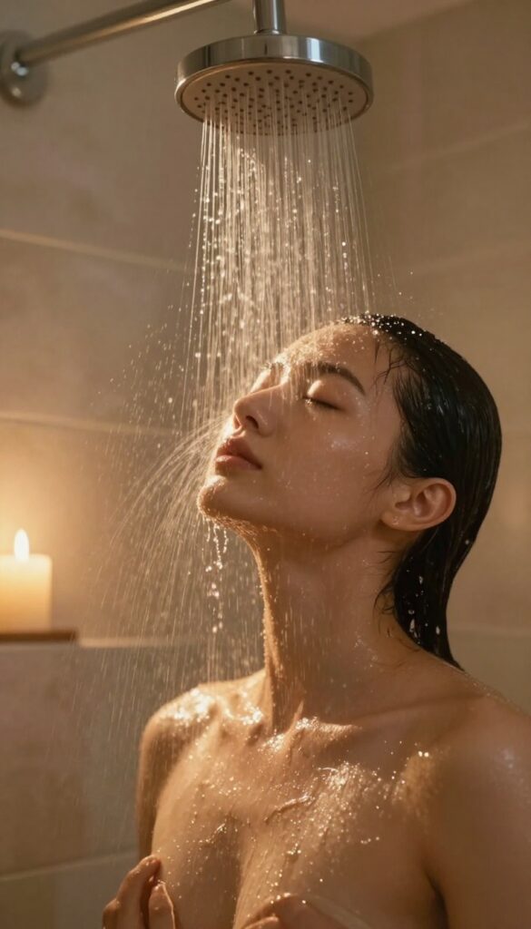 Person in shower with glowing water cascading down, symbolizing letting go of the day's stress.