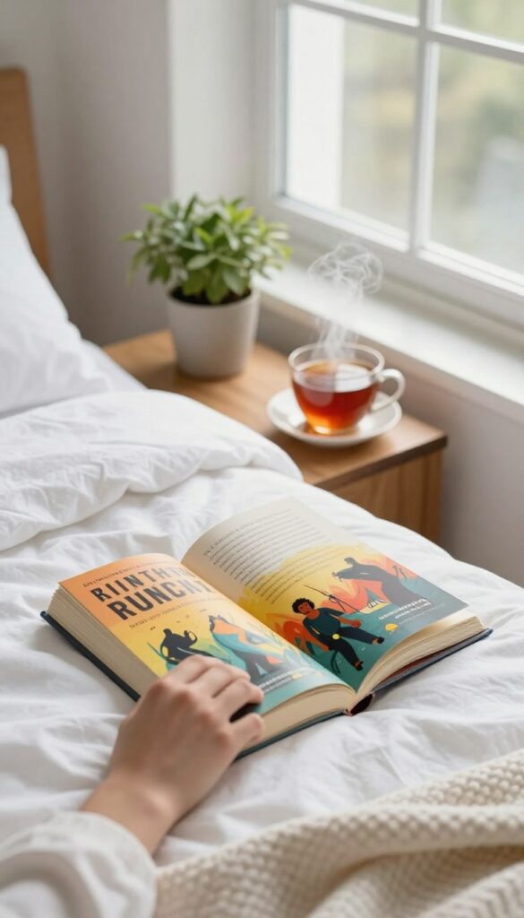 A person reading a fiction book in a cozy bedroom setting