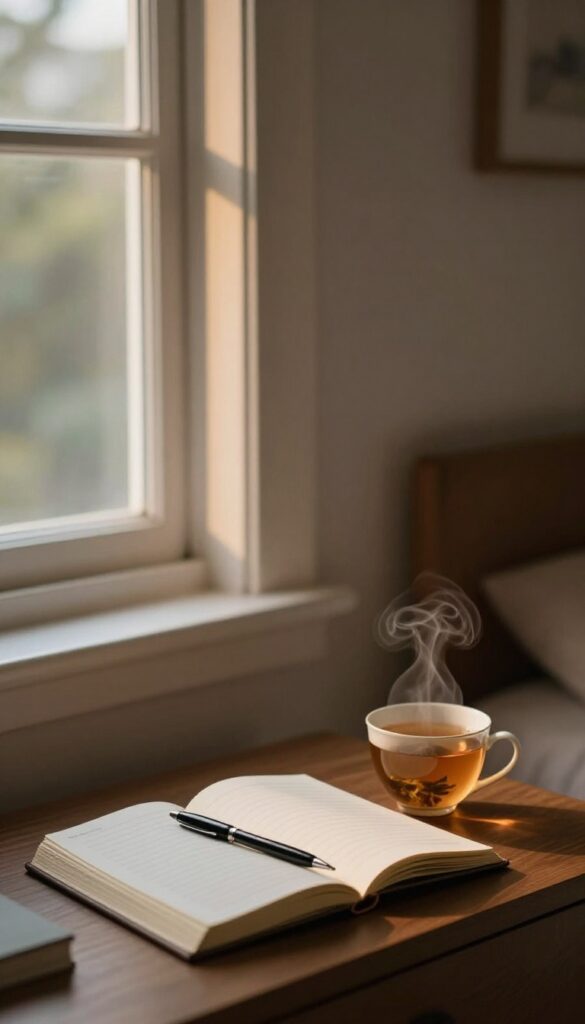 A peaceful bedroom nightstand with an open journal, pen, and a cup of tea under warm lamplight at dusk.