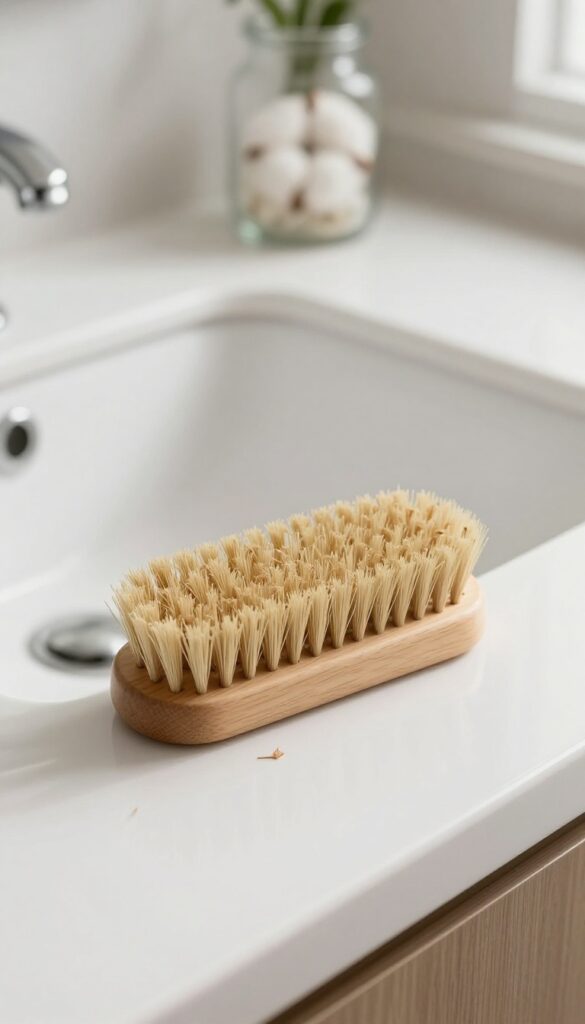 A natural bristle dry brush on a bathroom countertop in bright natural light, with a blurred background of a plant and cotton pads.