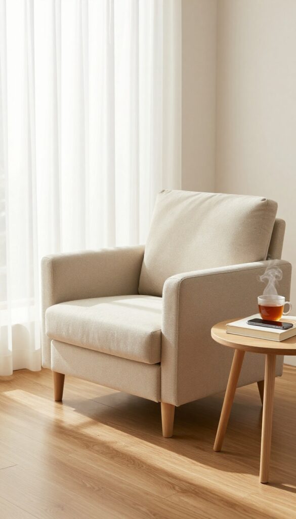 Cozy living room corner with a book and tea, smartphone turned off, representing a digital detox day.