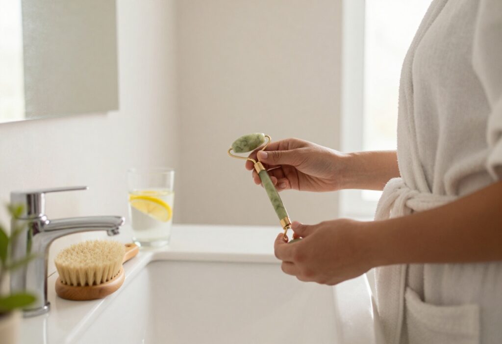 Morning body care routine setup with dry brush, water, and jade roller on a bathroom counter.