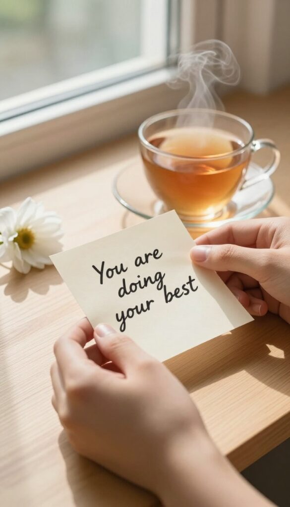 A person's hands holding a handwritten note of self-kindness on a sunlit table with tea and a flower