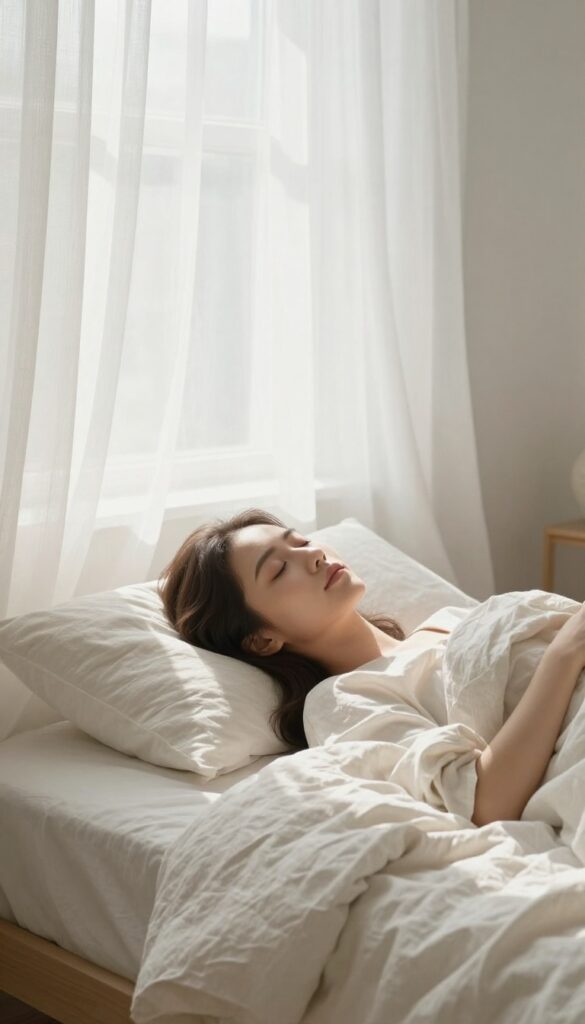 Woman waking naturally in a peaceful bedroom with soft morning light