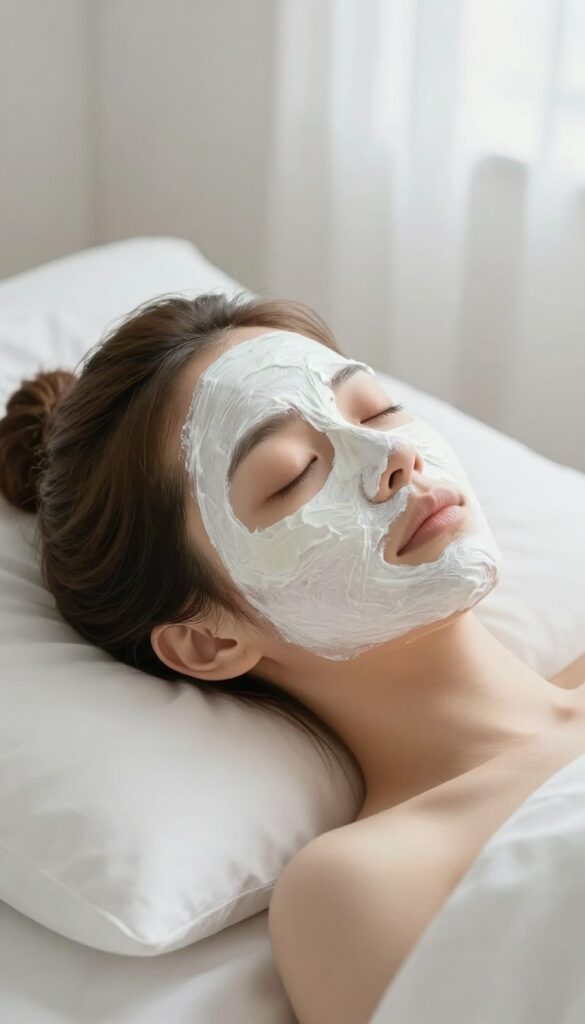 Woman relaxing with a face mask and warm washcloth over eyes in a bright, serene bedroom