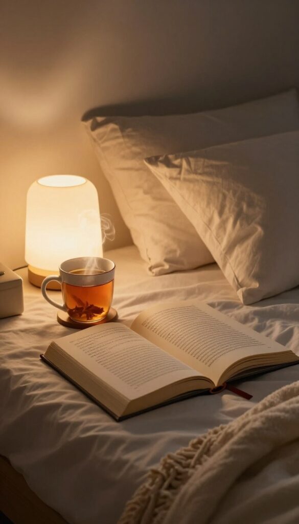 Cozy reading nook on a bed with a book and tea, soft lamplight, serene nighttime atmosphere.