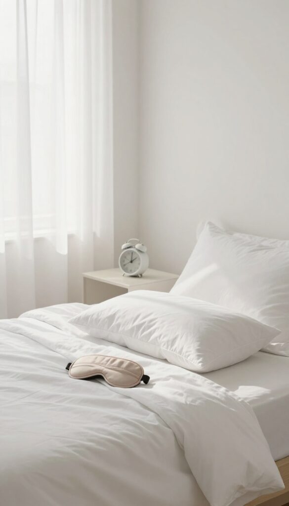 Cozy bedroom with soft natural light, eye mask, and alarm clock for a power nap.