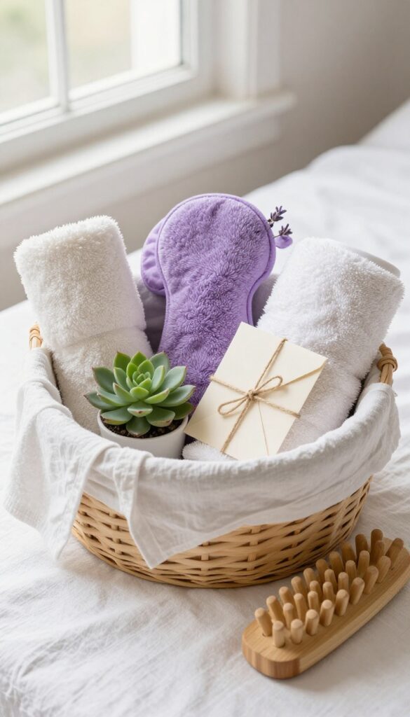 Self-care basket with gift certificate for a massage, spa-themed arrangement
