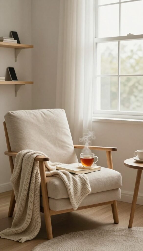 A person relaxing in a cozy armchair with a book and tea, phone set aside, enjoying a screen-free hour in a sunlit room.