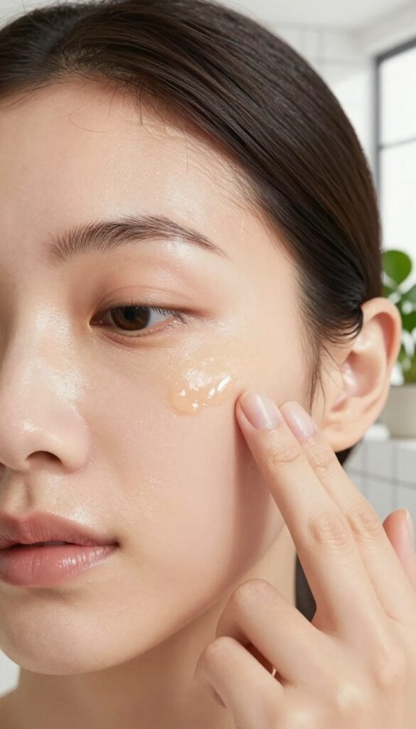 Woman applying eye cream to damp under-eye skin after shower, natural light, skincare routine