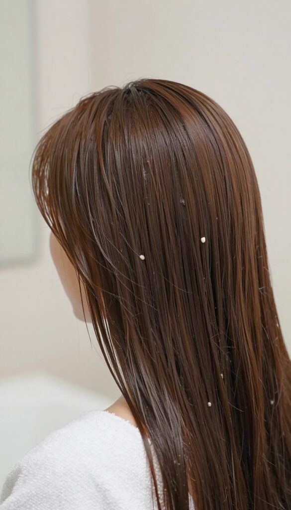 Woman applying protein treatment to damp hair, close-up shot