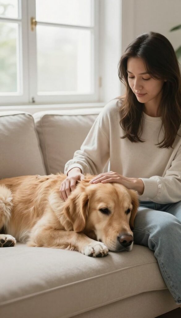 Woman petting a golden retriever on a sofa in a bright cozy living room