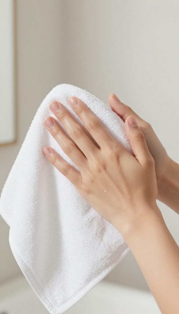 Woman patting skin dry with a soft towel after shower, natural light, clean bathroom