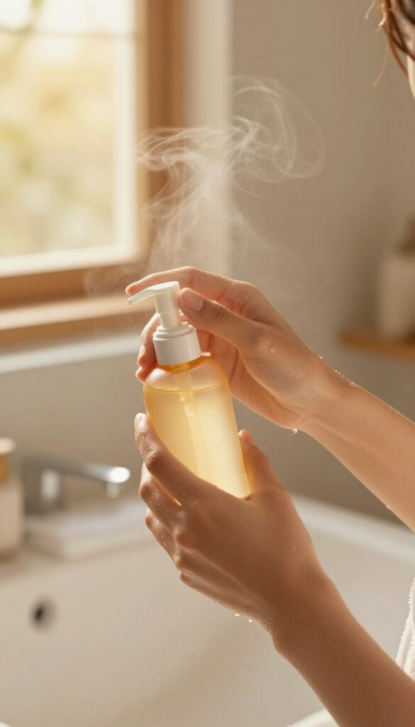 Woman misting her wrist with a warm vanilla body spray after a shower, cozy autumn bathroom setting