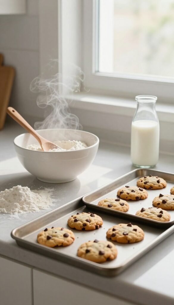 A warm kitchen scene with freshly baked cookies on a baking sheet, mixing bowl, and flour on the counter.