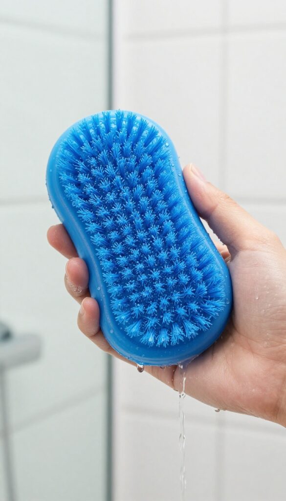 Person holding a blue silicone scrubber under water in a shower
