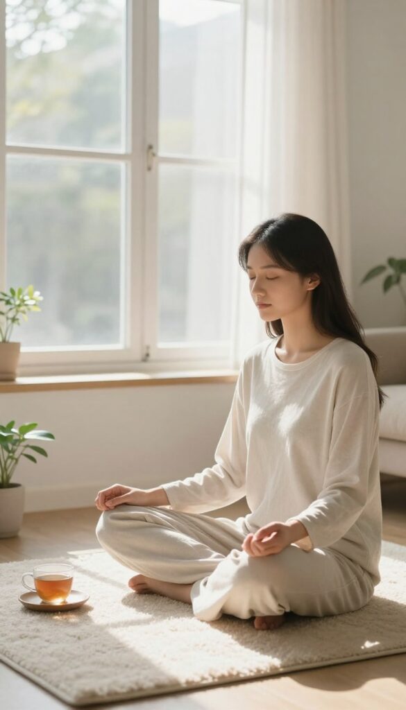 Person practicing deep breathing in a peaceful sunlit room