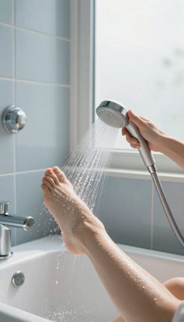 Person rinsing legs with cool water from a handheld showerhead in a bright, clean bathroom