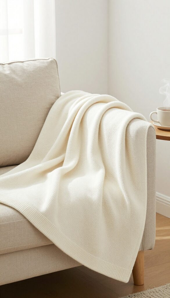 Soft, high-quality throw blanket draped over a cozy sofa corner with a warm drink nearby