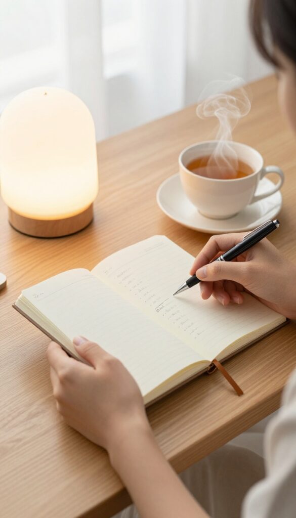 Woman writing in notebook with tea and lamp, cozy evening self-care ritual