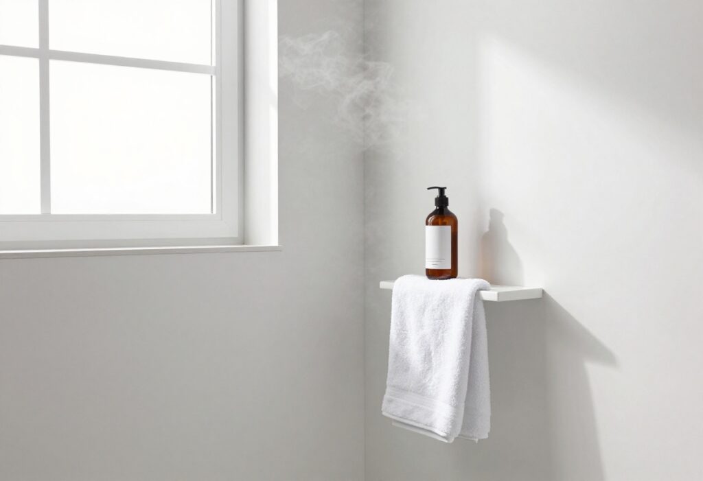A peaceful shower setup with body wash and a towel, evoking a spa-like atmosphere for a body care routine.
