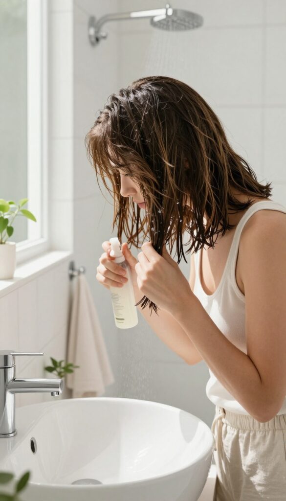 Woman applying conditioner to mid-lengths and ends of fine hair before shampooing, in a bright, clean bathroom.