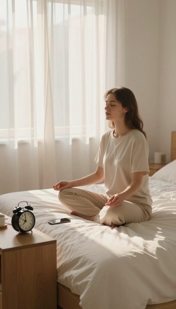 Woman meditating in bed in the morning with phone across the room, promoting a phone-free morning routine for stress reduction.