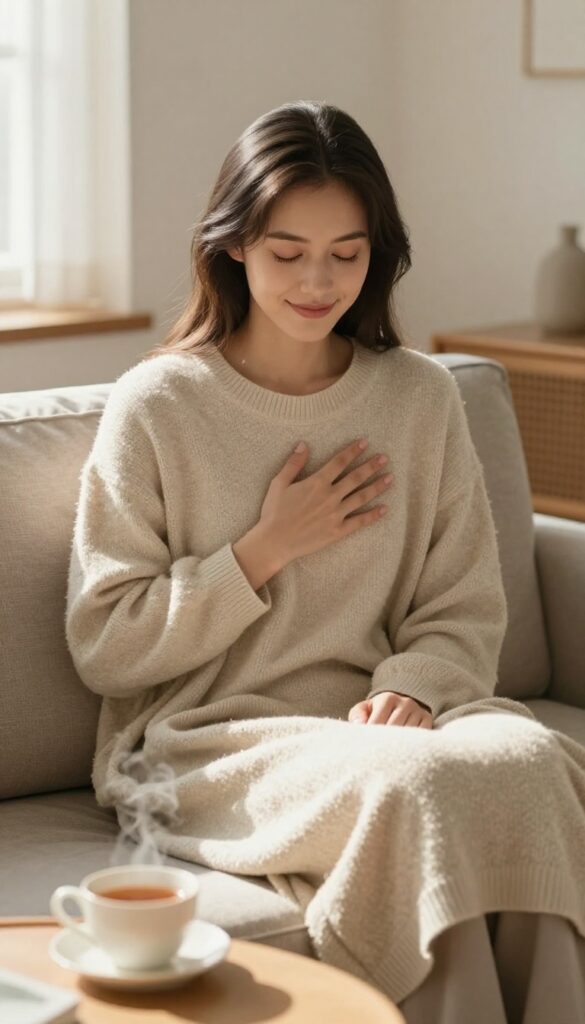 Woman practicing self-compassion by placing hand on heart in a cozy living room