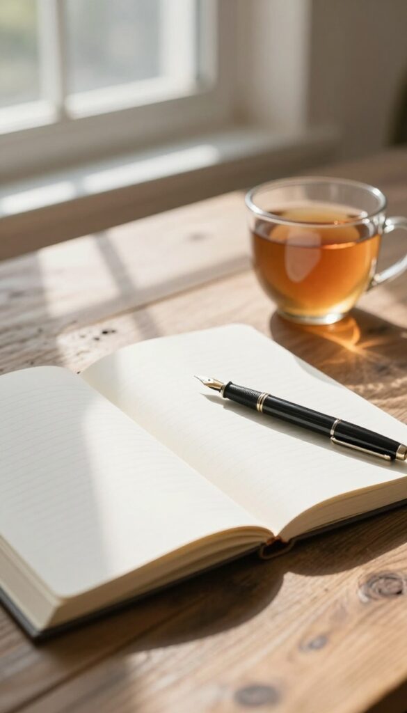Open journal with pen on wooden table, morning light, tea in background, serene wellness retreat scene