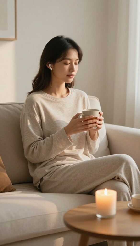 Woman relaxing on sofa with earbuds and tea, candle nearby, peaceful wind-down scene