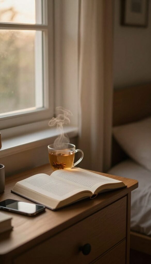 A cozy bedroom at dusk with a book and tea on the nightstand, phone placed away, promoting screen-free time before bed.