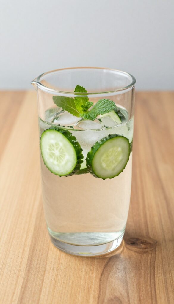 Cucumber and mint infused water in a glass pitcher on a wooden table