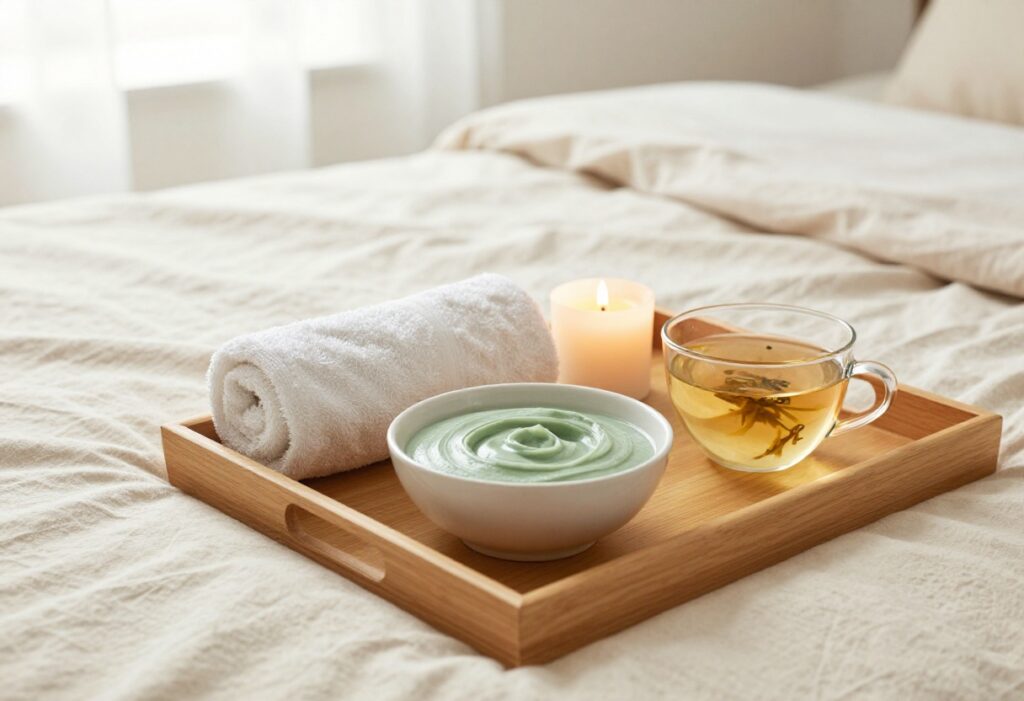 Home spa setup with DIY face mask and candle