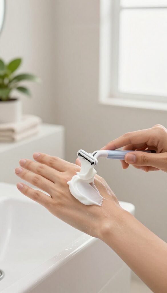 Close-up of shave cream on fingertips with razor nearby in bright bathroom