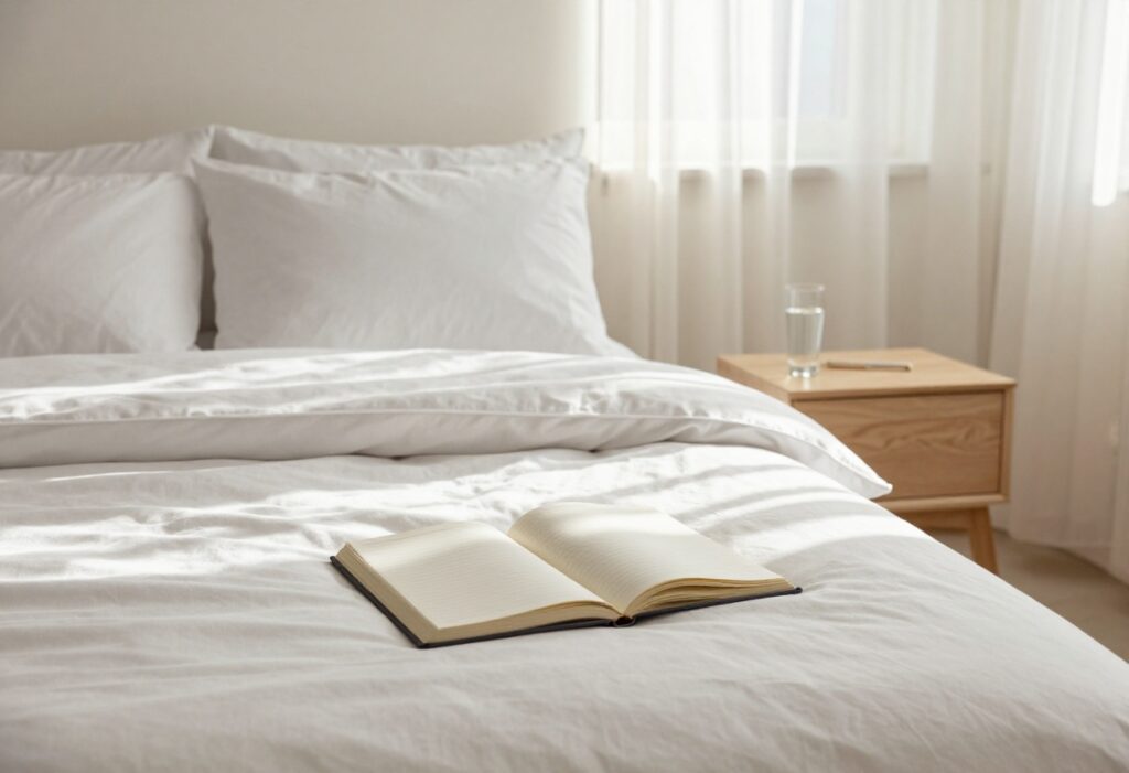 A cozy bedroom with a made bed, glass of water, and notebook in soft morning light.