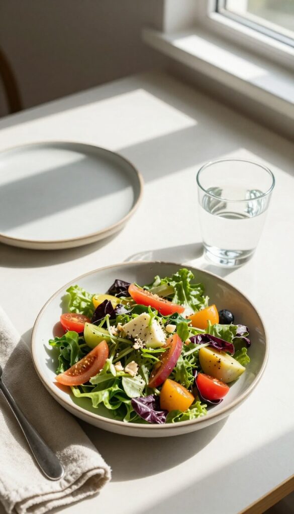 A person eating a meal at a table without any screens, focusing on the food in natural light.