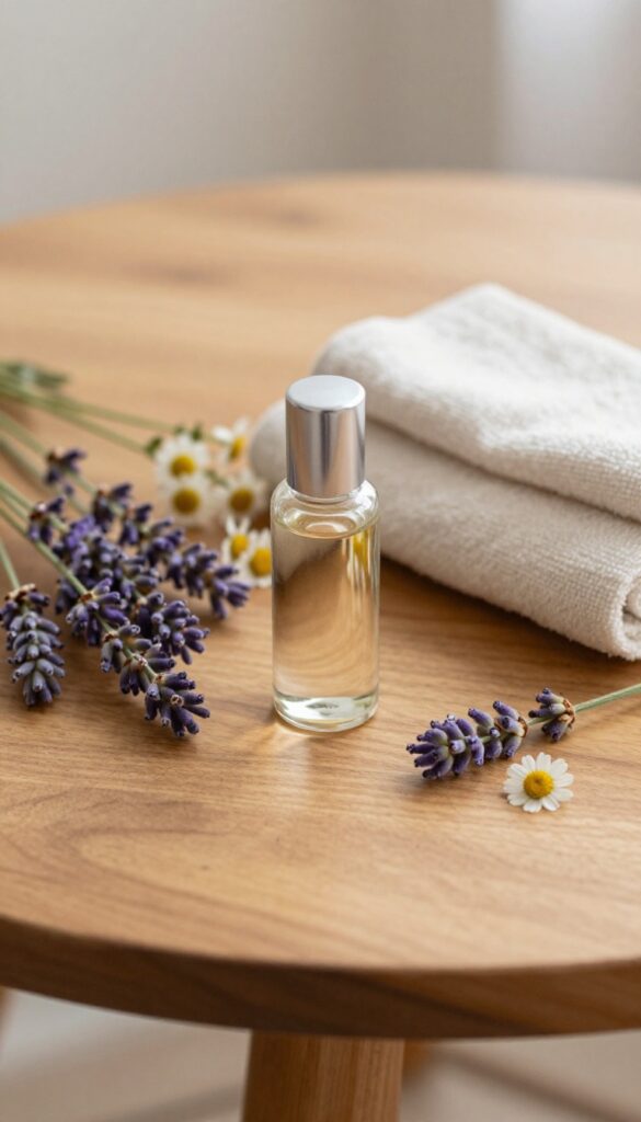 Aromatherapy essential oil roller bottle in a self-care gift basket with lavender and chamomile.