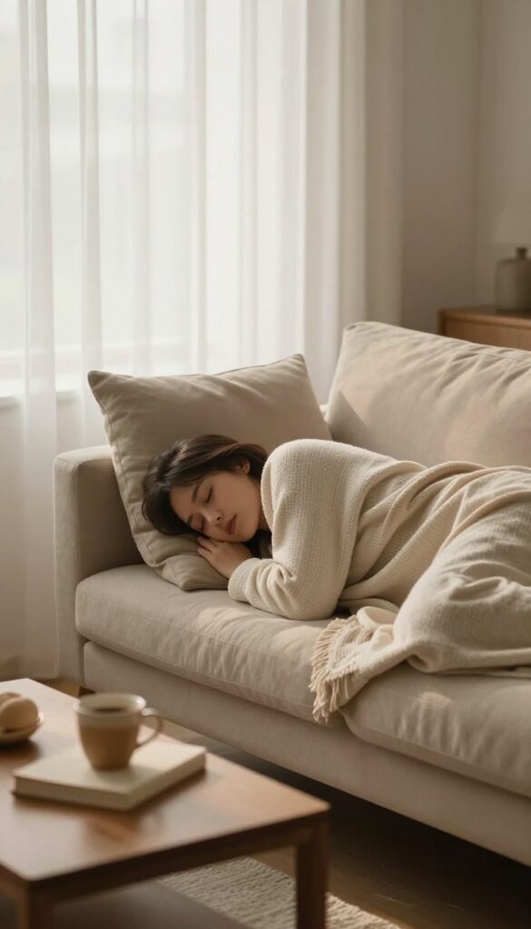 Person taking a guilt-free nap on a cozy sofa in a bright, serene living room