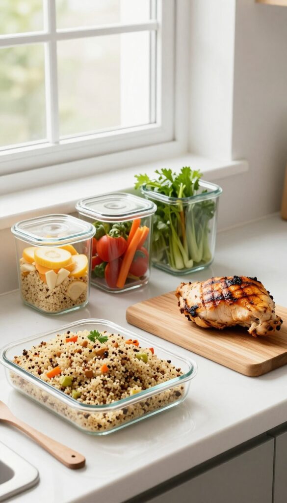 Weekly meal prep setup with clear containers of chopped vegetables, grains, and proteins on a clean kitchen counter.
