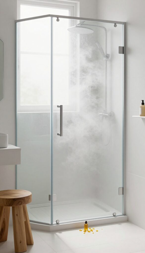 Steamy bathroom with essential oil drops on shower floor, creating a spa-like steam room atmosphere.