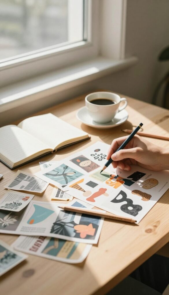 Creative outlet self-care: doodling and collage on a desk with coffee and natural light