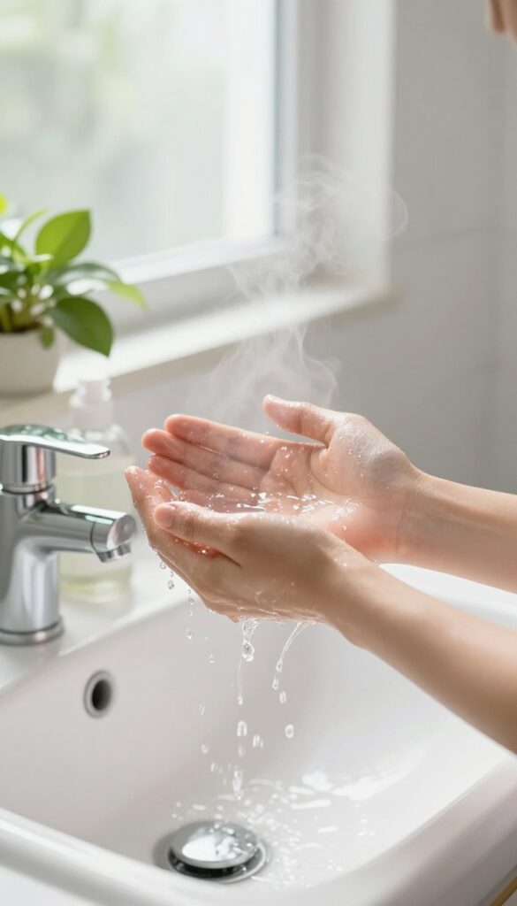 A person washing their face with gentle hands and water in a bright, steamy bathroom, surrounded by clean decor and natural light.