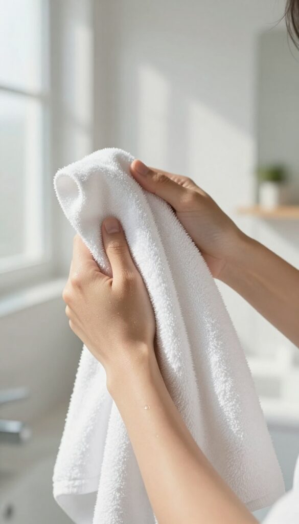 Person patting skin dry with a soft towel after shower, natural light, damp skin, minimalist bathroom