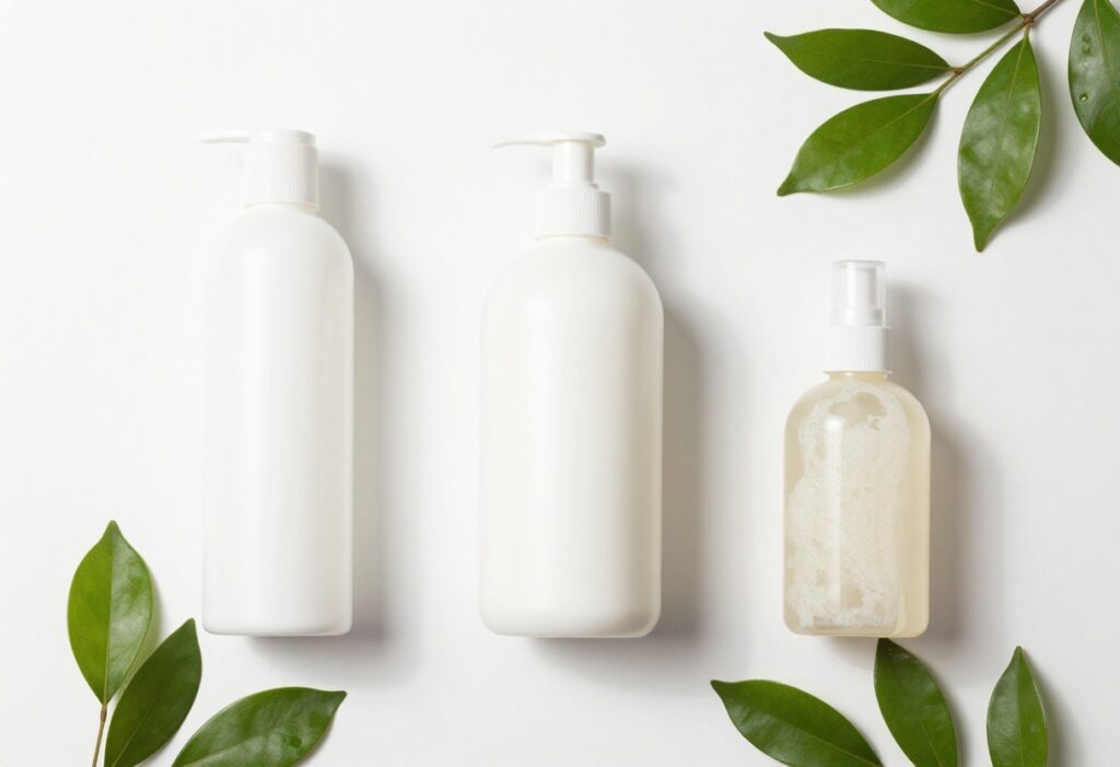 Assorted body care products arranged on a white surface with natural light and greenery.